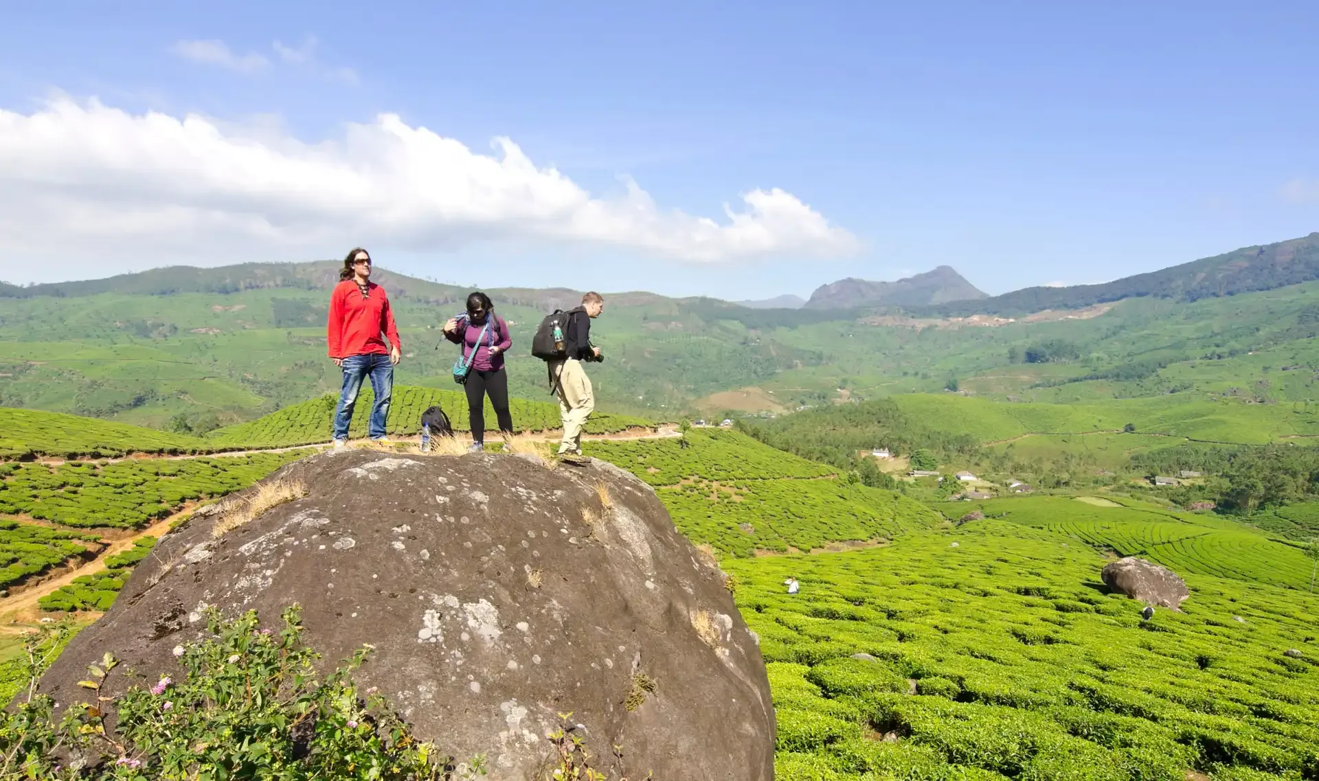 Three tourists standing on a boulder overlooking lush green tea plantations and rolling hills of Munnar, Kerala on an India guided tour